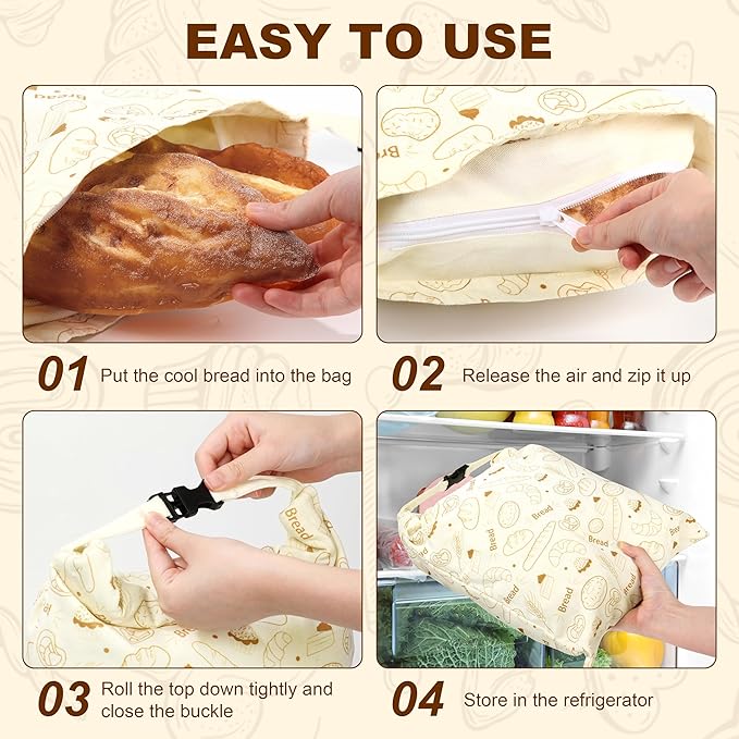 BuyCard Reusable Beeswax Bread Bags, 2-Pack Zipper Closure Cotton Bread Storage Bags for Homemade Loaf Freshness, for Baking Enthusiasts, Natural Cream with Gold Bread Pattern