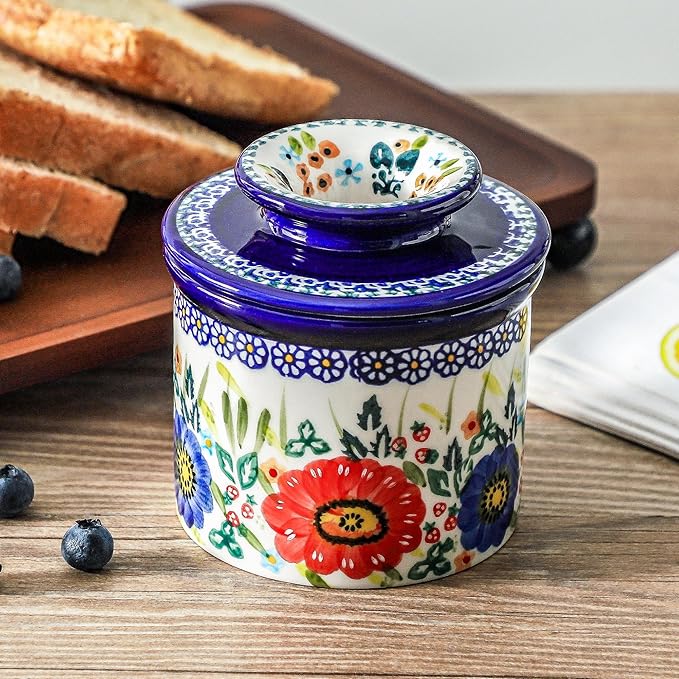 French Butter Crock with Lid for Countertop,Handpainted Floral Butter Keeper with Water Seal Line, Farmhouse Ceramic Butter Container Airtight for Soft Spreadable Butter,Housewarming Gifts