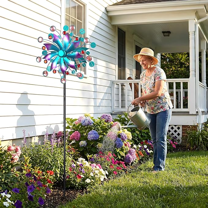 Solar Wind Spinner for Yard and Garden – 61 Inch Outdoor Metal Kinetic Sculpture with Multi-Color LED Glass Ball Light – Waterproof Windmill Stake for Patio, Lawn, and Pathway Decoration (Blue)