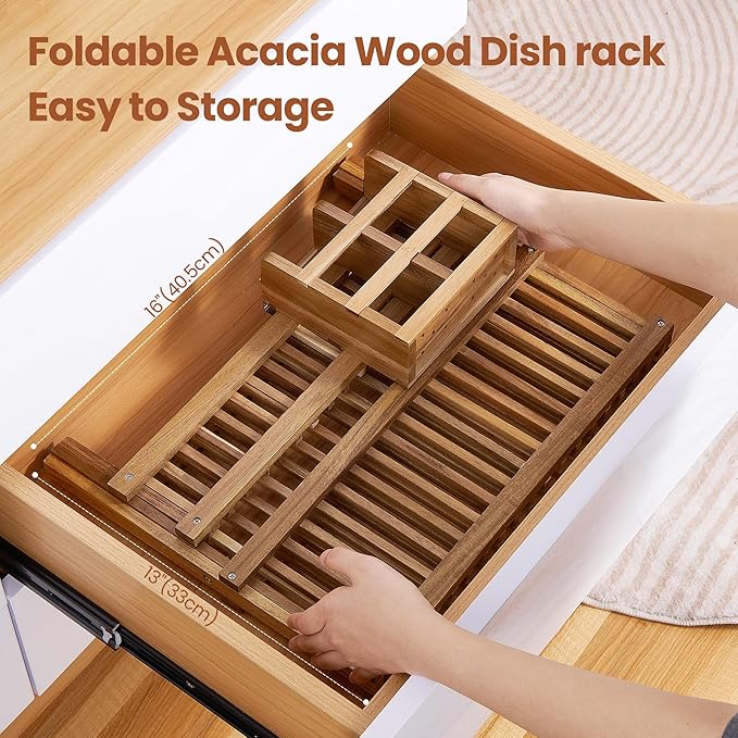NOVAYEAH Acacia Wooden Dish Drying Rack for Kitchen Counter 2-Tier Collapsible Bmaboo Dish Drying Rack with Utensil Holder-Large Folding Dish Drainer Rack with Flatware Holder 34 pcs Grid