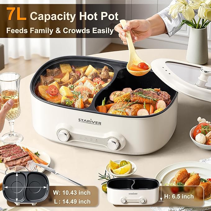 Stariver 7L Electric Hot Pot with Divider, 2-Temp Control (Separate Settings per Side) Shabu Shabu Pot, Non-Stick Hotpot Pot Electric, Perfect for Family Dinners & Parties