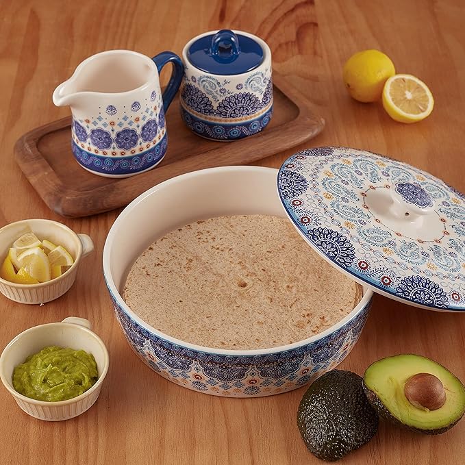 Bico Blue Talavera Taco Tuesday Set, Tortilla Warmer and Taco Holder, Microwave and Dishwasher Safe