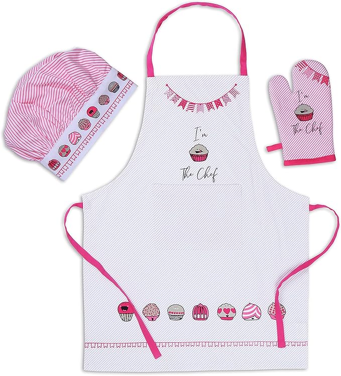 AMOUR INFINI Apron and Hat Set, 3 Pcs- Adjustable Kitchen Apron Oven Mitts Set