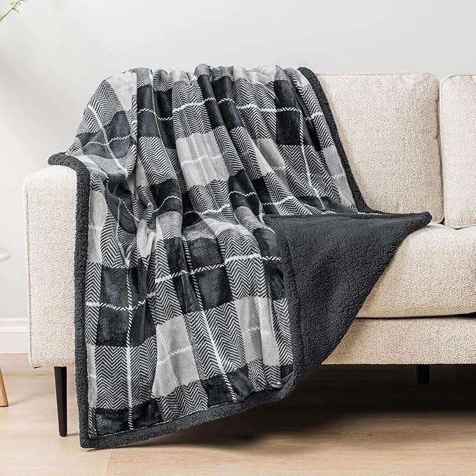 PAVILIA Premium Sherpa Twin Size Blanket | Plaid Design Flannel Fleece Twin Bed Blanket | Plush, Soft, Cozy, Warm, Lightweight Microfiber, Reversible, All Season Use (Plaid Charcoal , 60 x 80 Inches)