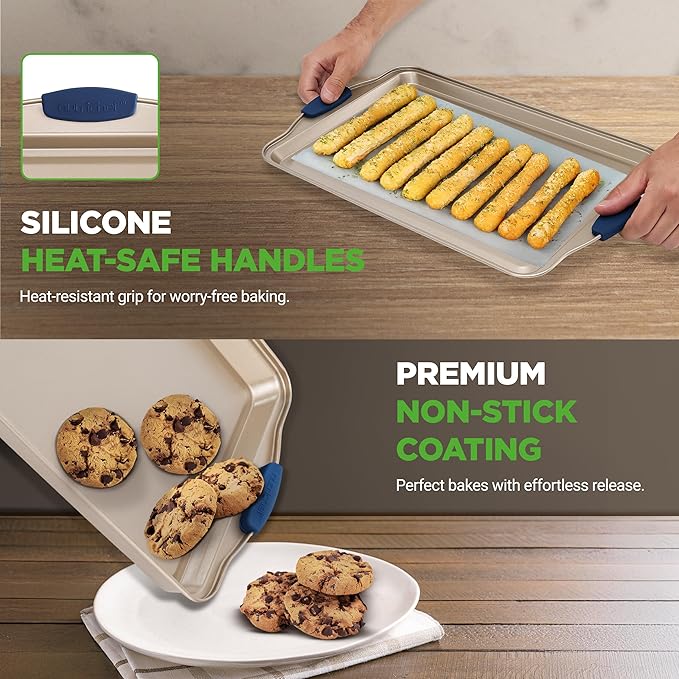 NutriChef Nonstick Baking Pans Set - Carbon Steel Bakeware with Blue Silicone Handles, Even Heat Distribution, Durable & Reliable 3-Piece Cookie Sheet Set in Small, Medium, Large Sizes (Gold)