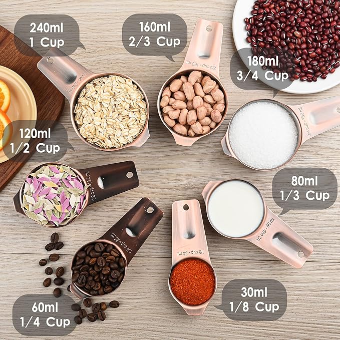 Copper Measuring Cups and Spoons Set 17, Stainless Steel Measuring Cups and Spoons for Dry & Liquid, Metal 7 Measure Cup and 9 Measure Spoon with 1 Leveler for Kitchen & Baking