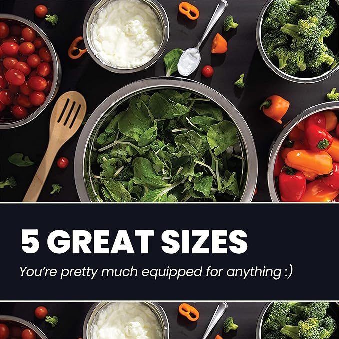 WHYSKO Stainless Steel Mixing Bowl Set, 10 Piece Stainless Steel Mixing Bowls with Lids Set for Food Prep Storage and Serving, Dishwasher Safe for Kitchen Baking Cooking, Black