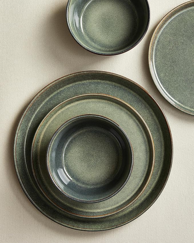 Pokini Dinnerware Sets, Microwave Safe Plates and Bowls Sets, Dishes Set for 8, Chip & Scratch Resistant Dinner Set, Handcrafted Farmhouse Dishware Sets, Green Wheat