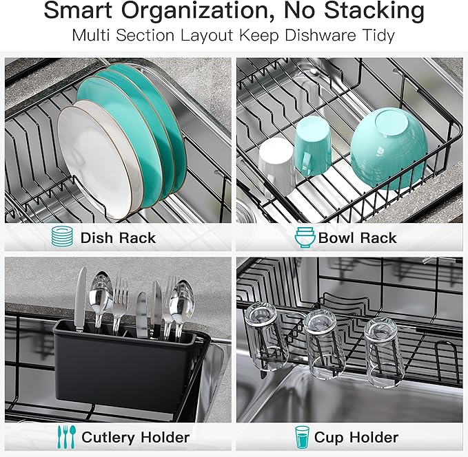 JASIWAY Dish Drying Rack in Sink, Expandable Stainless Steel Dish Drainers for Kitchen Counter, Space Saving Dish Dryer Rack with Drainboard, Over The Sink Dish Racks with Utensil Holder, Black