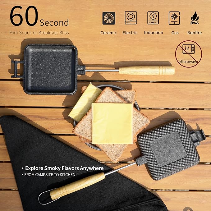 MiniSnack Cast Iron Pie Maker Sandwich Press for Camping and Stovetop, Double Mini Pan for Steak and More with Storage Bag and Recipies, Perfect for Home, Openfire Camp Cooking, Small Cooker