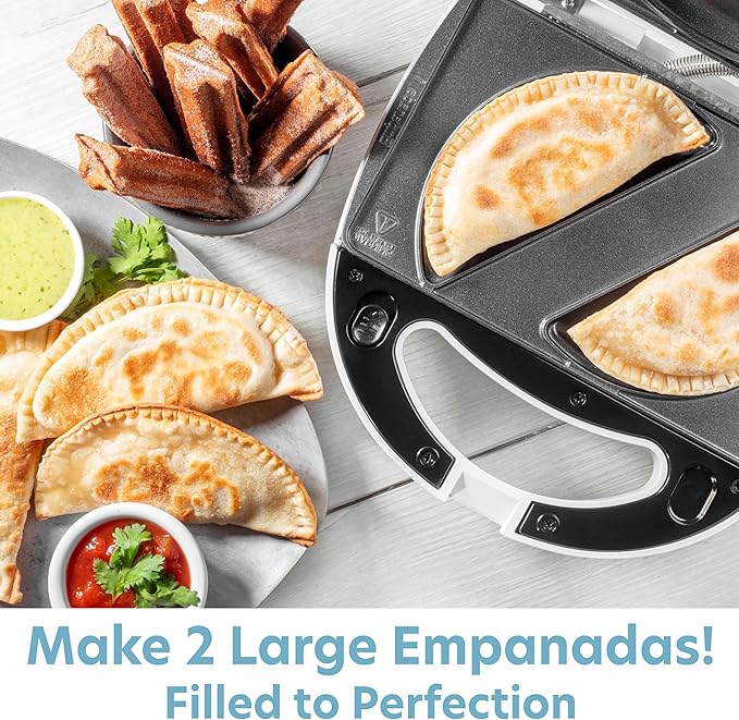 Electric Empanada Maker Machine w Dough Cutter & Nonstick Plates- Easier than Press & Molds- Homemade Latin Turnovers, Hand Pies, Dumplings, Stuffed Pastries w BONUS Churro Plates, Make Dessert & Apps