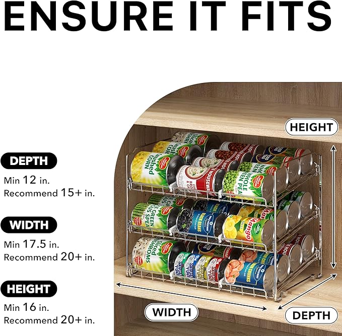 Simple Houseware Stackable Can Organizer Rack for Pantry/Cabinet – 11.5" D x 17" W x 13.75" H, Holds 36 Cans, 3-Tier Can Food Storage Dispenser, Chrome