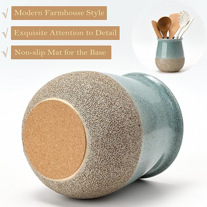 Utensil Holder for Kitchen Counter, Modern Farmhouse Cooking Utensil Holder and Crock Home Kitchen Decor, Ceramic Utensil Organizer for Spatula, Ladle, Eggbeater, Rolling Pin- Blue and Brown