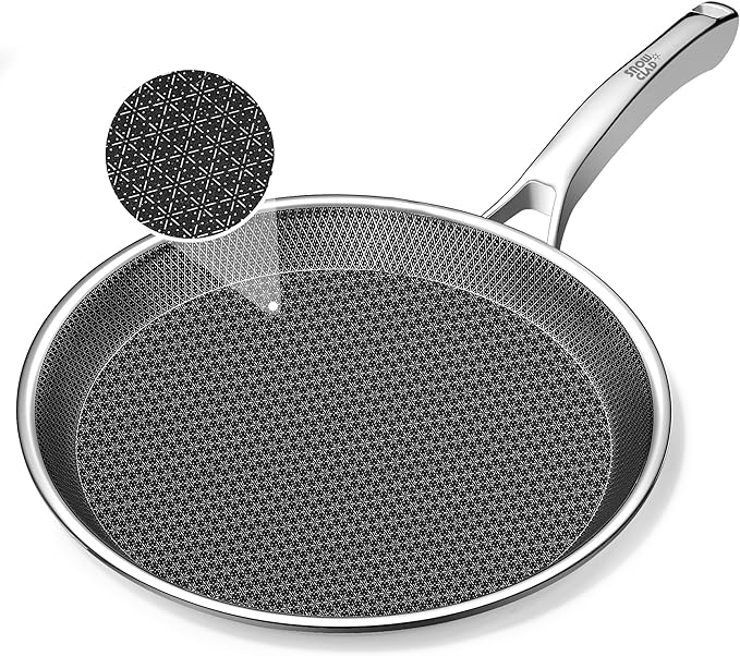 SNOWCLAD Crepe Pan,10 in Nonstick Crepe Pan, Stainless Steel Flat Skillet,Non Stick Dosa Tawa Comales Para Tortillas Pancake Pan,Dishwasher and Oven Safe Cookware,Induction Compatible, PFOA Free