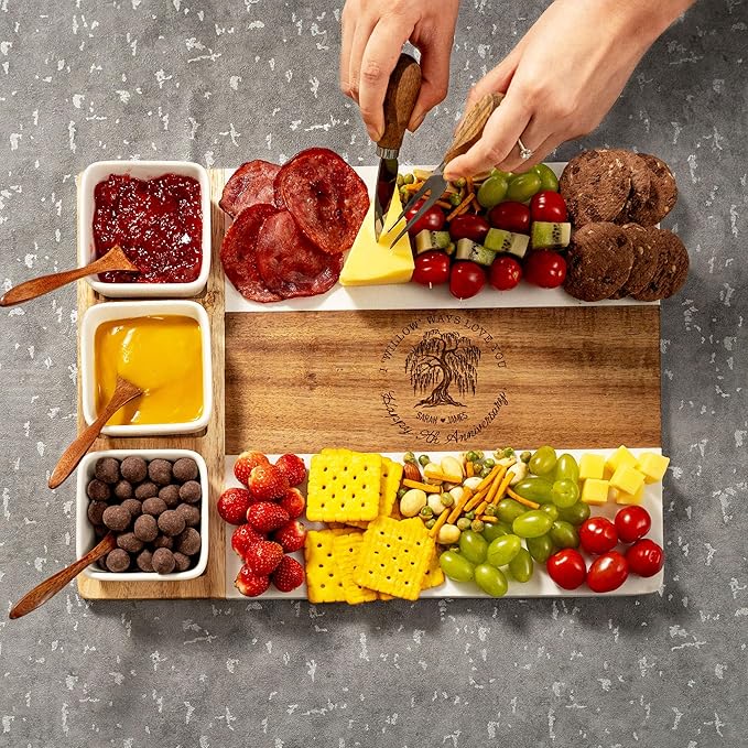Personalized 9th Anniversary Marble Charcuterie Board, 9th Anniversary Cheese Board - Charcuterie Boards Gift Set for Wife, Willow Gifts for Wedding