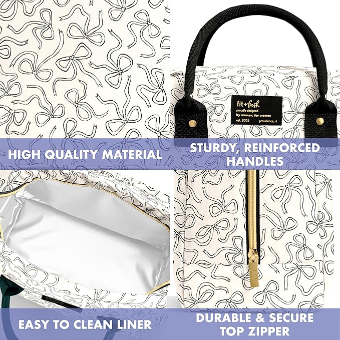 Fit & Fresh Bloomington Lunch Bag for Women - Insulated Large Lunch Box for Work with Containers, Leak-Resistant, Stain-Resistant, Zipper Closure, Black and White Sketched Bows