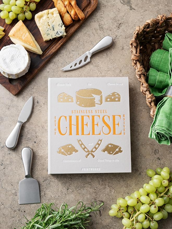 PrintWorks The Essentials, Cheese Knife Set – 3 Pieces Stainless Steel Gift Set with Pronged, Chisel, and Heart Knives – Stylish Charcuterie Accessories and Dishwasher Safe
