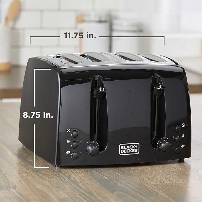 BLACK+DECKER 4-Slice Toaster, TR1410BD, Extra-Wide, 7 Shade Settings, Crumb Trays, Gloss Black