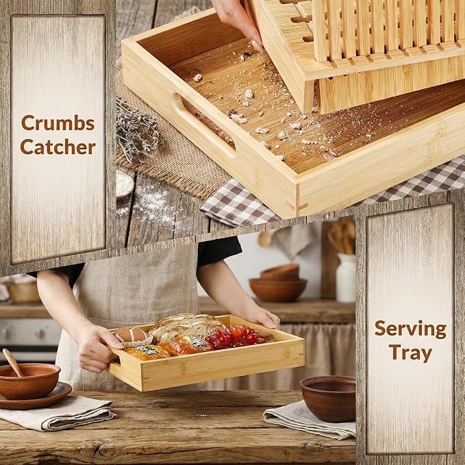 Bread Slicer for Homemade Bread - 10.5" Adjustable Sourdough Slicer with Crumb Catcher & Serving Tray - Stable Wood Bread Cutter Guide for Kitchen