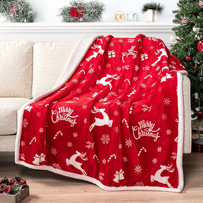 PAVILIA Premium Christmas Sherpa Throw Blanket | Christmas Decoration Gift, Fleece, Plush, Warm, Cozy Reversible Microfiber Holiday Blanket | Red Reindeer - 50x60