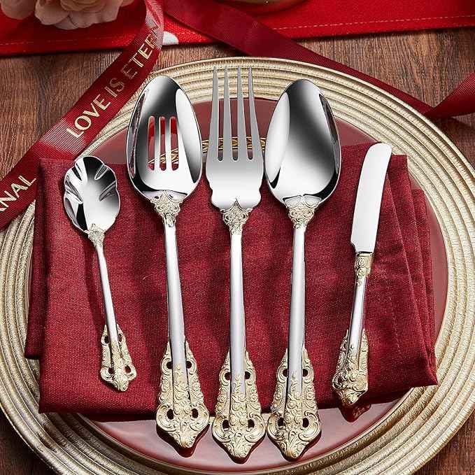 KEAWELL Luxury 45 Pieces 18/10 Stainless Steel Flatware set, Service for 8, silver plated with gold accents, Fine Silverware set and Dishwasher Safe
