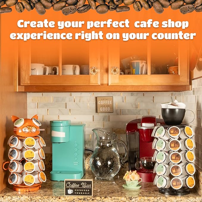 Made Easy Kit Carousel Coffee Pod Holder - Compatible with Keurig K-Pods K-Cups - Countertop 360 Spin Rack Storage Organizer - Revolving Base - Capsule Café Station Bar (Cat Orange, Large)