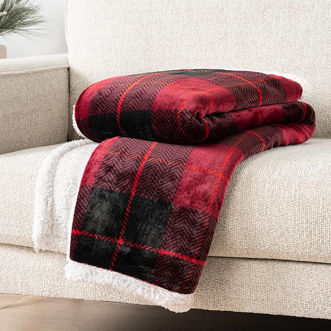 PAVILIA Red Plaid Sherpa Throw Blanket for Couch, Plush Flannel Fleece, Soft Fuzzy Cabin for Sofa Bed, Warm Cozy Winter Gift, 50x60