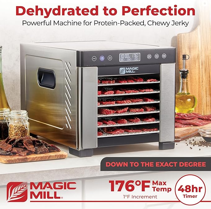 Magic Mill Pro Food Dehydrator Machine | 7 XL Stainless Steel Trays | Dryer for Jerky, Dog Treats, Herb, Meat, Beef, Fruit | Keep Warm Function, Digital Timer and Temperature Control, ETL Approved
