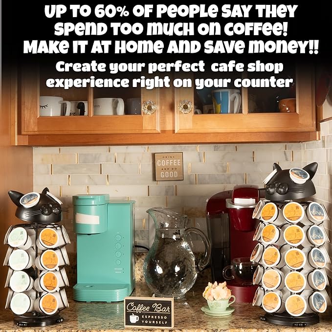 Made Easy Kit Carousel 360 Coffee Pod Holder, Compatible with Keurig K-Pods K-Cups, Countertop Rack Storage Organizer, Metal Home and Kitchen Decor, Capsule Café Station Bar (Small, Black Cat)