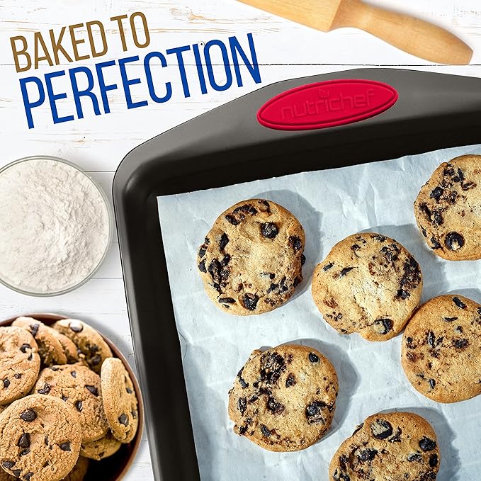 NutriChef 6-Piece Baking Pan Set - Carbon Steel Stackable Bakeware with Red Silicone Handles & Nonstick Coating, Includes Cookie Sheets, Roaster Pan with Lid, Loaf Pan, and 12 Cup Muffin Pan (Black)