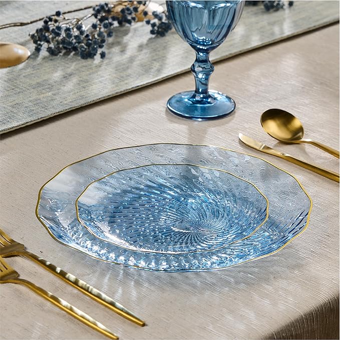 PLASTICPRO 30 Pack Plastic Plates Set of 15-10 inch Plates and 15-7 inch Plates, Elegant Clear Blue Spiral and Gold Rim Disposable Fancy Plates Premium Heavyweight