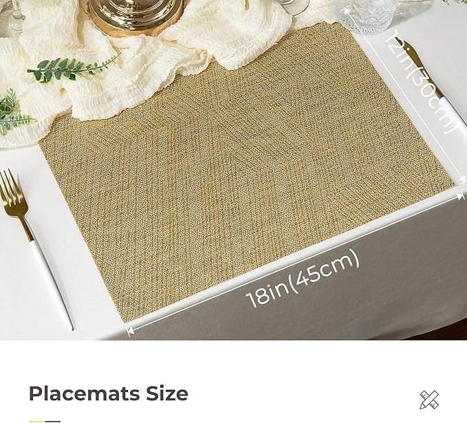 Leetaltree Gold Placemats Set of 12 - Heat Resistant Non-Slip Place mats for Dining Table, Washable Durable PVC Vinyl Woven Table Mats(Luxury Gold, 12)