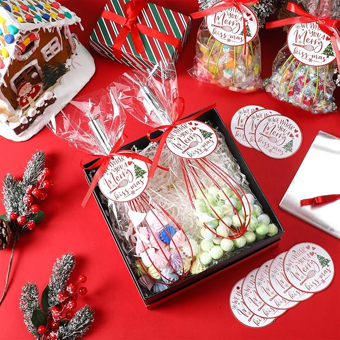 24 Sets 12 Inch Christmas Whisks Gifts DIY Fillable Christmas Tree Ornaments Xmas Colored Silicone Whisks for Cooking Heat Resistant Egg Beaters with Card Rope Bag for Candy Holder