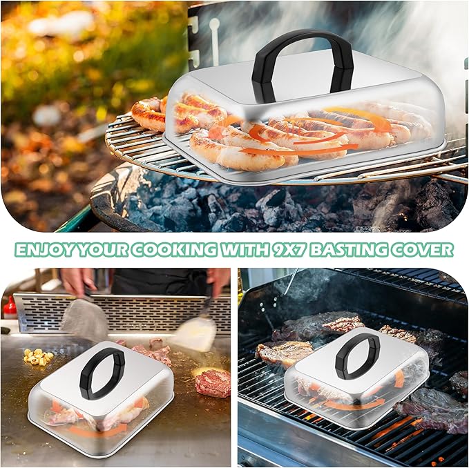 HaSteeL Cheese Melting Dome & Burger Press, Stainless Steel Basting Steaming Cover & Round Cast Iron Bacon Press, Ideal for Flat Top Griddle Grill Hibachi Stove Barbecue, Heavy Duty & Easy to Clean