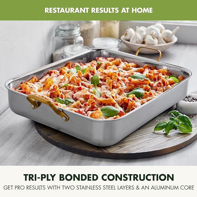 GreenPan Reserve 16" x 13" Tri-Ply Stainless Steel Roasting Pan with Roaster Rack, Multiclad Cookware, Induction Suitable, Gold Stainless Steel Handles, Dishwasher & Oven Safe, Silver