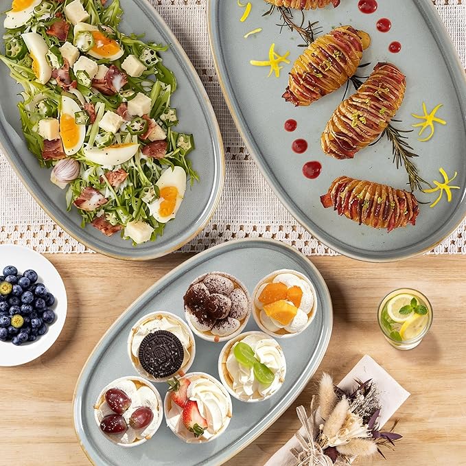 theterra Ceramic Serving Platter, 15.6"/14.4"/12.2" Oval Serving Dishes for Entertaining, Oven Safe, Microwave Safe, Serving Plates Set of 3 for Wedding, Party, Turkey, Desert Sage