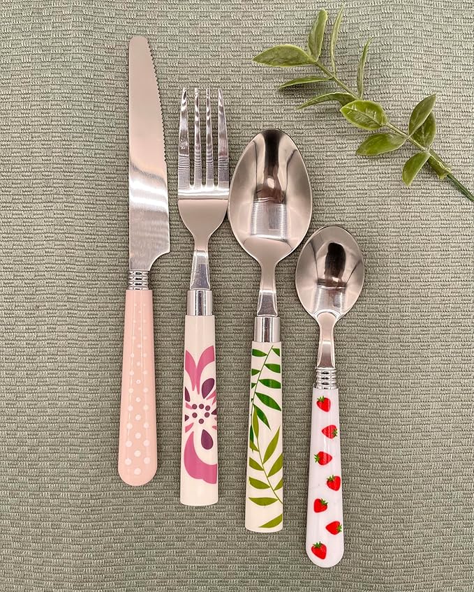 The Original Brink House Eclectic Collection Mix & Match Stainless Steel Cutlery Set with Multicolored Handles / 16 pieces with Metal Stand/Lifestyle utensils for home, apartment, dorm, outdoor