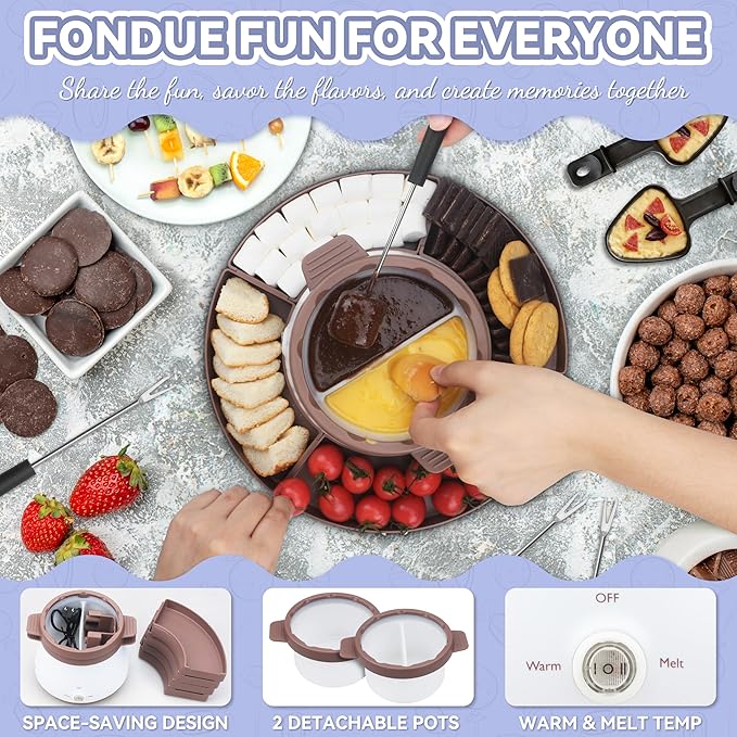 Party Desserts Electric Fondue Pot Set with 2 Pots, Melting Chocolate Warmer for Dipping, Candy & Chocolate Melting Pot, Fondue Pot Electric Set, Fondue Forks Included, 2.5 Cups, Brown