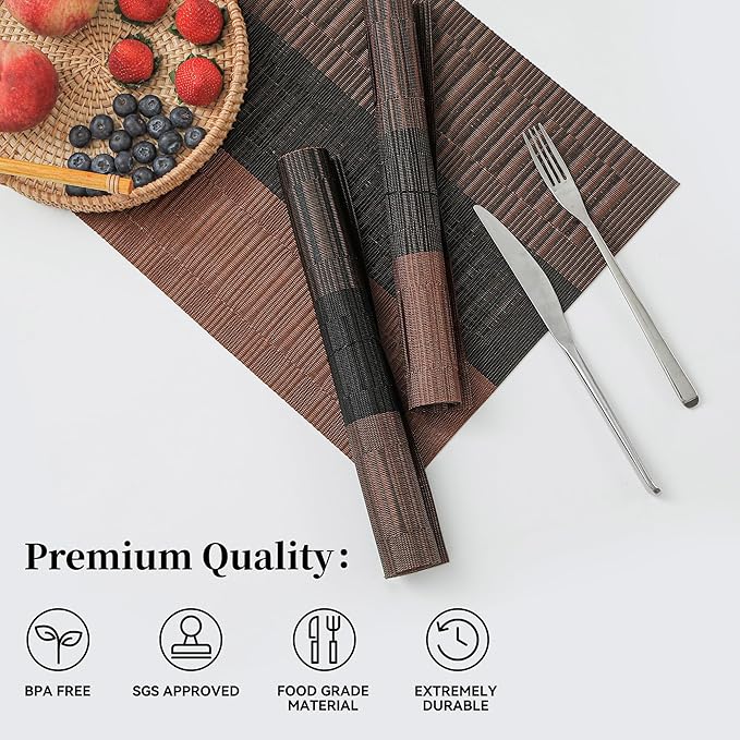 Leetaltree Brown with Black Striped Placemats Set of 4 - Heat Resistant Non-Slip Place mats for Dining Table, Washable Durable PVC Vinyl Woven Table Mats（Brown Stripe, 4）