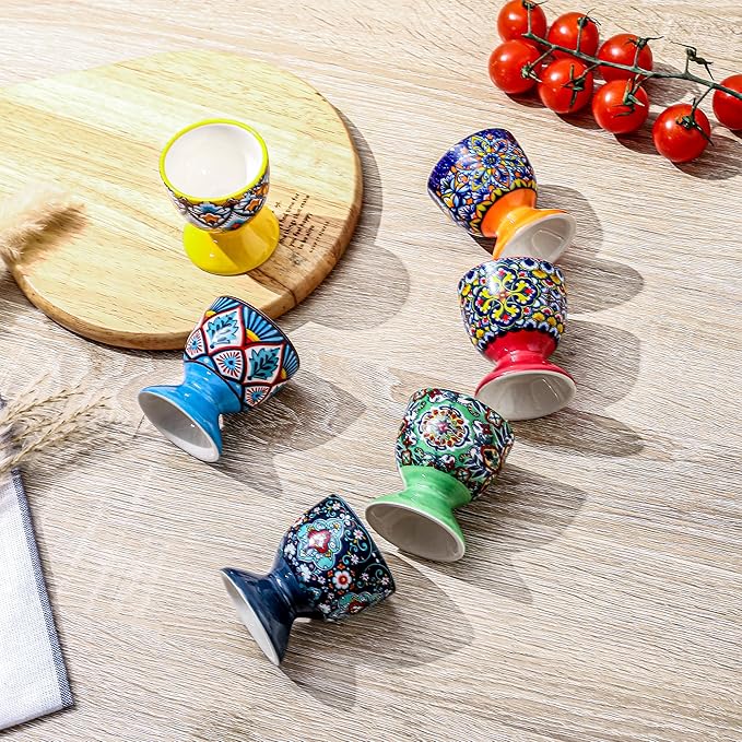 HENXFEN LEAD Boho Ceramic Egg Cups Set of 6 – Colorful Egg Holders for Soft & Hard Boiled Eggs, Microwave & Dishwasher Safe, Perfect for Breakfast & Easter