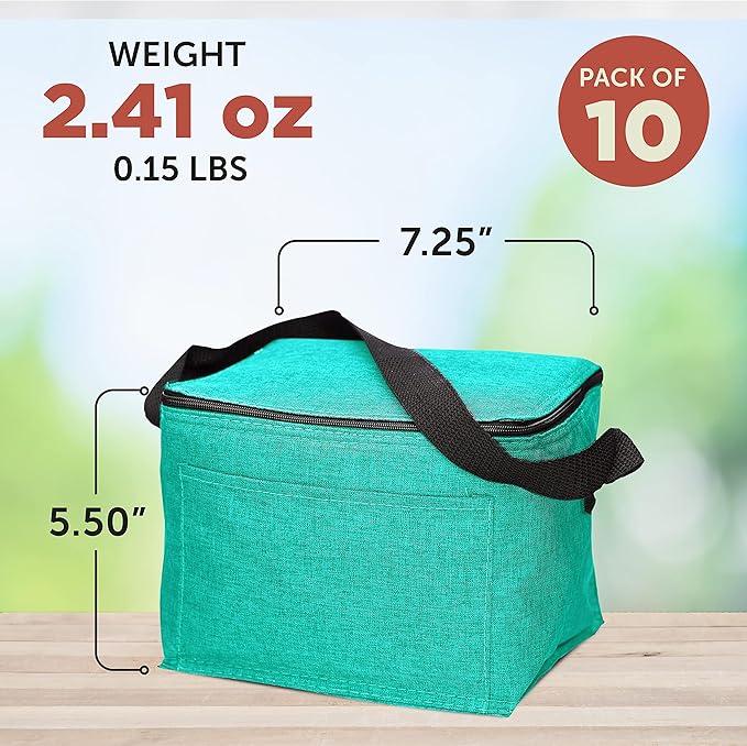 DISCOUNT PROMOS Insulated Cooler Lunch Bag Set of 10, Bulk Pack - Perfect for Work, Travel, Outdoor Events - Mint