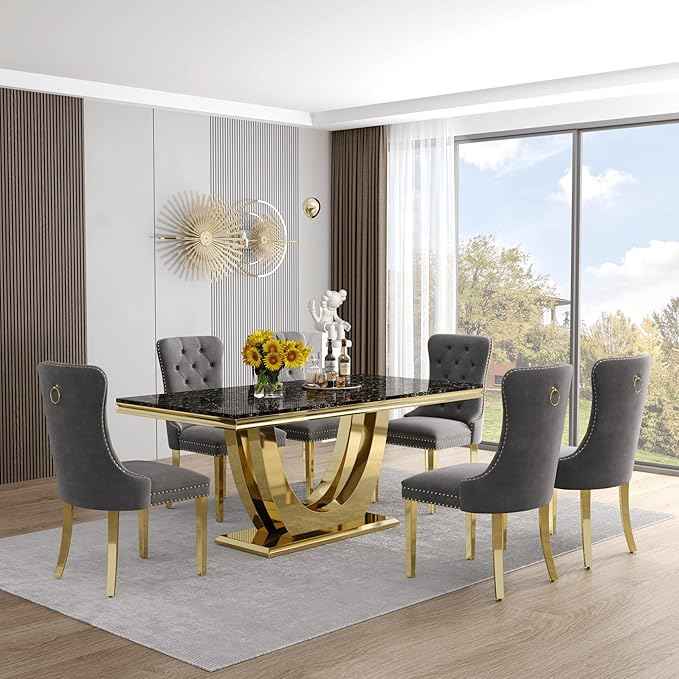 Marble Dining Table Set for 6,70" Black Faux Marble Kitchen Tables and Velvet Chairs for 6,7 Piece Luxury Dining Room Table Set and 6 Upholstered Chairs with Gold Stainless Steel Bases