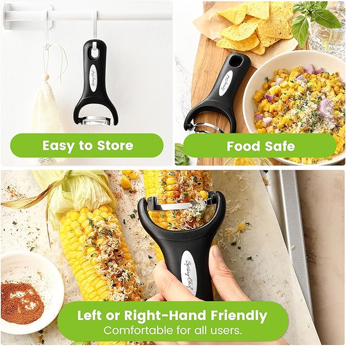 Spring Chef Stainless Steel Corn Peeler – Corn on the Cob Stripper Tool – Durable & Efficient Kernel Remover Tool – Easy to Use Kernel Cutter - Dishwasher Safe Kitchen Gadget - Set of 2 - Black