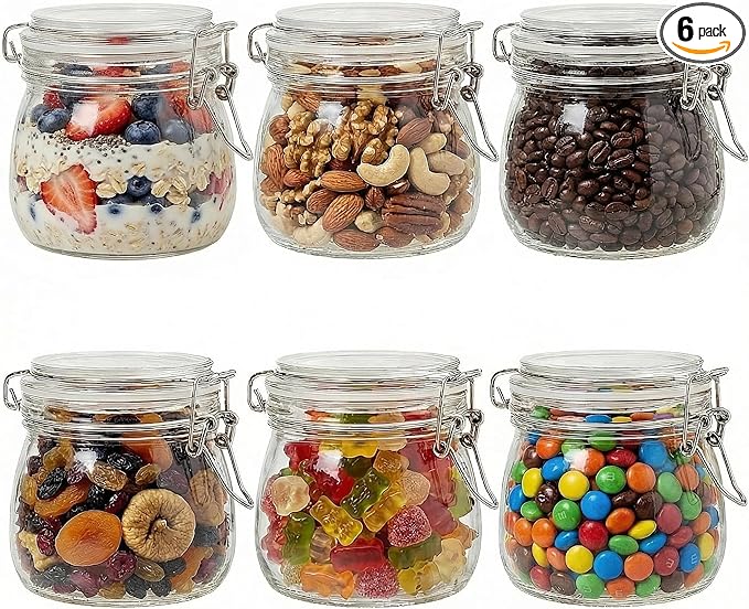 17oz Airtight Glass Jars, 6 Pack Clamp Lid Canisters, Small Food Storage Containers for Spices, Nuts, Snacks, Canning Jar for Jams & Pickling, Pantry Organization