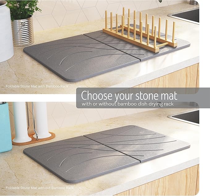 Large Stone Drying Mat with Bamboo Rack | 23.6” x 15.4” Diatomaceous Earth Collapsible Stone Dish Drying Mat | Quick Water Absorbing Foldable Dish Drying Stone for Kitchen Counter Racks (Dark Gray)