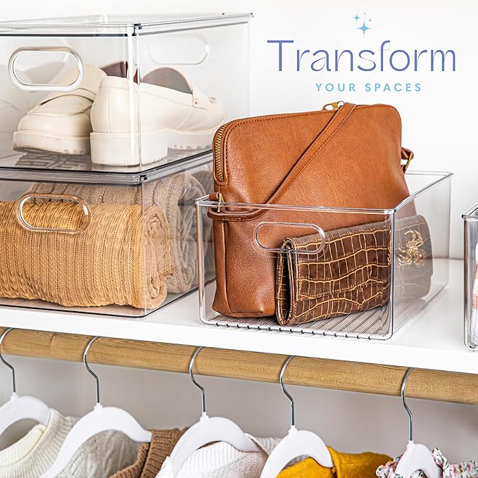 6 Pack Clear Plastic Organizer Bins with Handles for Home Organization. Storage Containers for Organizing Fridge, Freezer, Cabinet. Pantry, Great for Kitchen, Garage, Laundry Room. 10"x8"x5"
