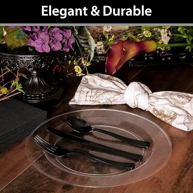 Lillian Tablesettings 30 Count Premium Quality Heavyweight 10.25 inch Plastic Plates China Like Wedding and Party Dinnerware, Plastic Dinner Plates, Crystal Clear, 30 Count