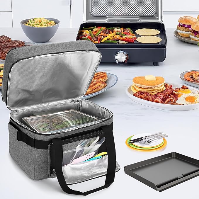 LUXJA Indoor Grill Carrying Bag with Bottom Pad Compatible with Ninja Sizzle GR101 Smokeless Grill, Double Layer Electric Grill Bag with Plates Section (Bag Only), Gray