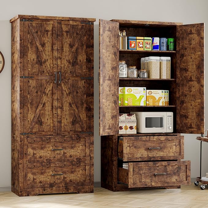 Pantry Organizers and Storage Cabinet, 71” Barn Door White Kitchen Cabinet with Drawers and Adjustable Shelf, Tall Pantry for Kitchen, Dining Room, Living Room. Bathroom and Office