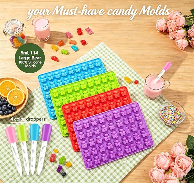 4 pcs Large Gummy Bear Molds 5 ML, BPA-FREE Silicone Chocolate Candy Gummy Molds with 4 Droppers and Cleaning Brush 140 Cavity